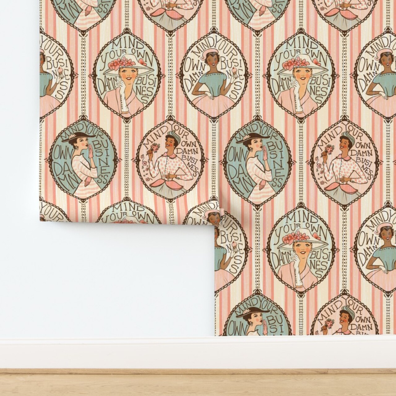 Retro Vintage Feminist Conversational Granny Chic Stripes 50S Feminism Cottagecore Grandmillennial Fashion Illustration Women Pink Blue Hat Custom Removable Wallpaper by Spoonflower Peel & Stick Wallpaper 2FT Wide